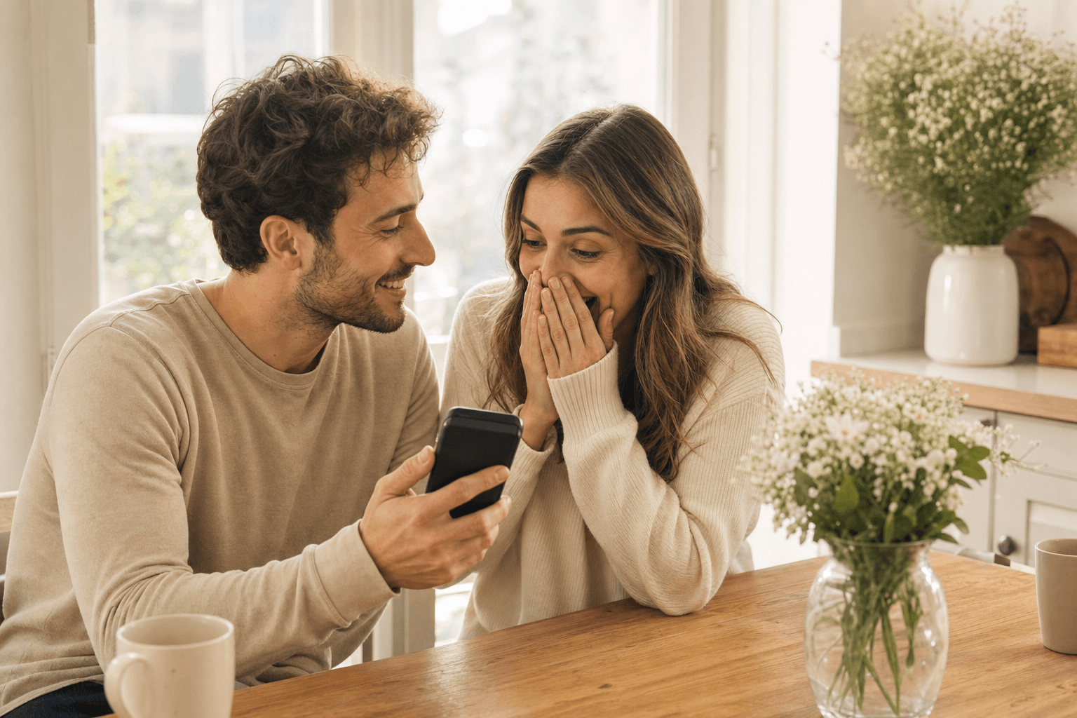 A couple at a sunlit table listening to a custom anniversary song together on a phone, sharing a joyful moment.
