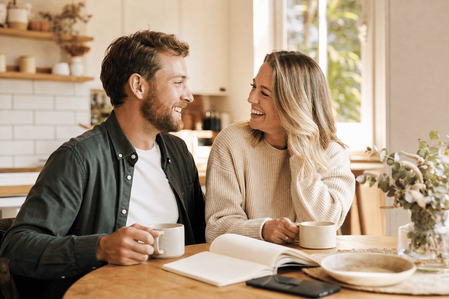 Couple playing a how well do you know your partner quiz at a kitchen table, laughing together in soft natural light.