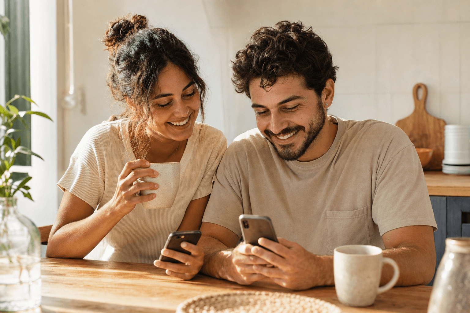 Couple playing daily couple games together at home, each smiling at their own phone at a kitchen table in soft daylight.