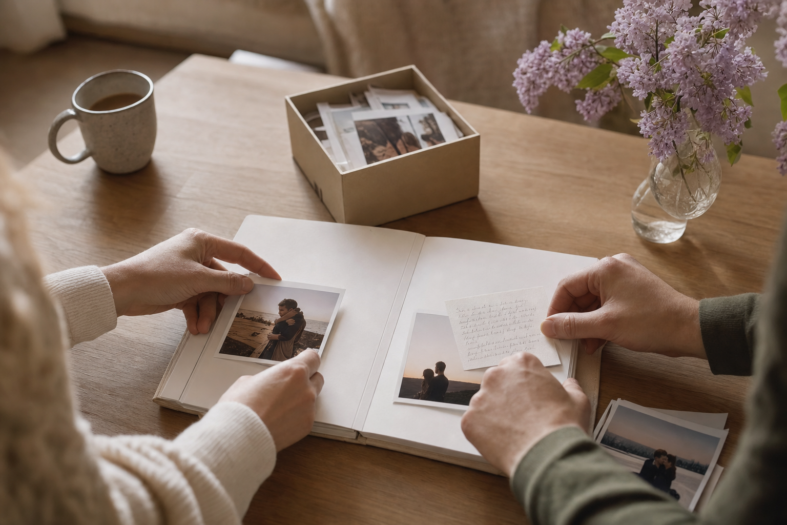 Two hands arranging relationship photos and notes chronologically in a couple relationship timeline journal