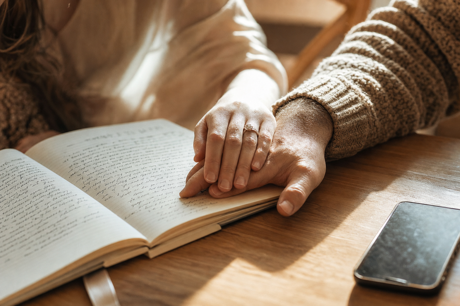 Hands together on a journal with handwritten lyrics and a phone playing a custom anniversary song, in soft natural light.