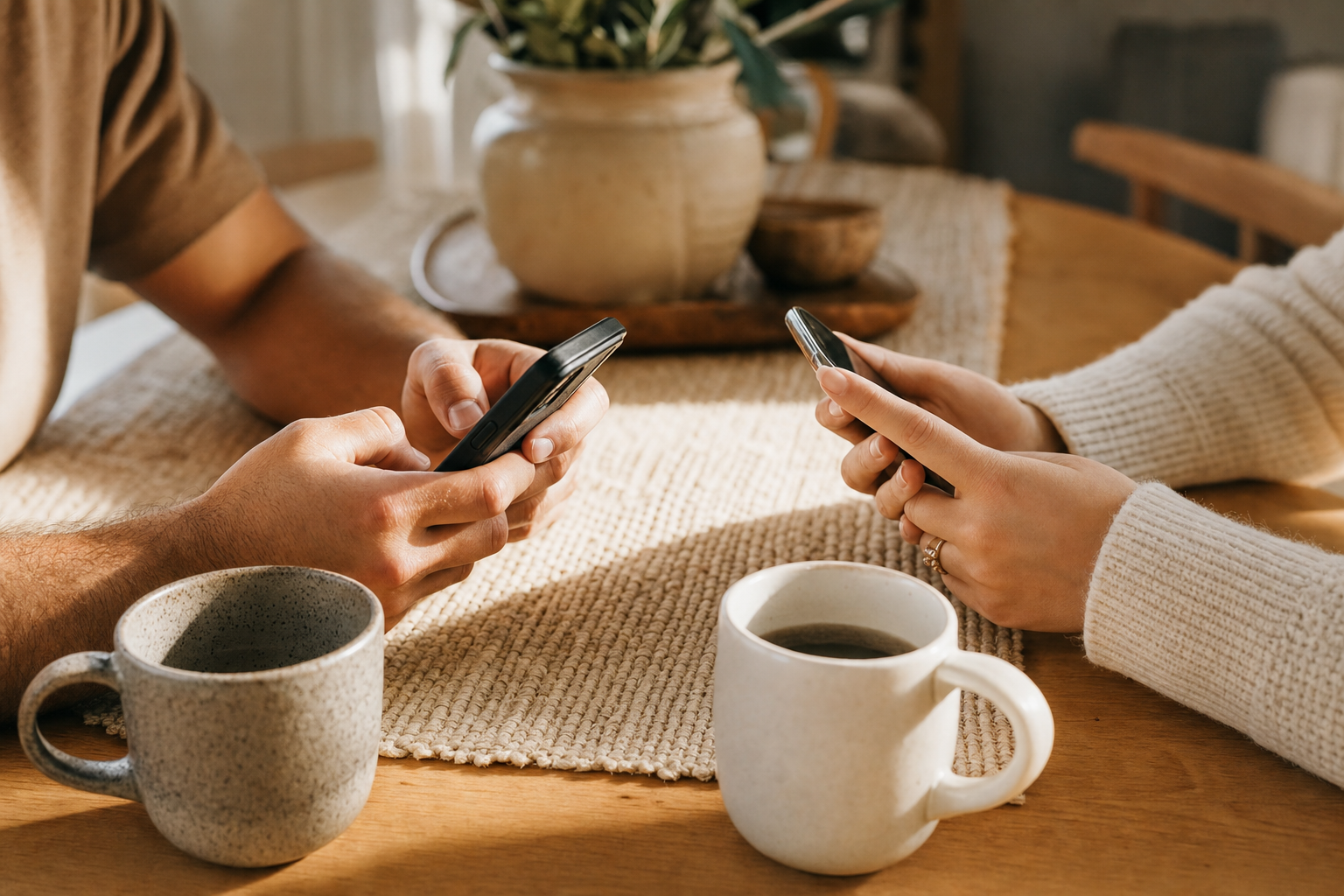 Hands of two partners with phones, playing a daily couple game together on a kitchen table, coffee mugs close by.