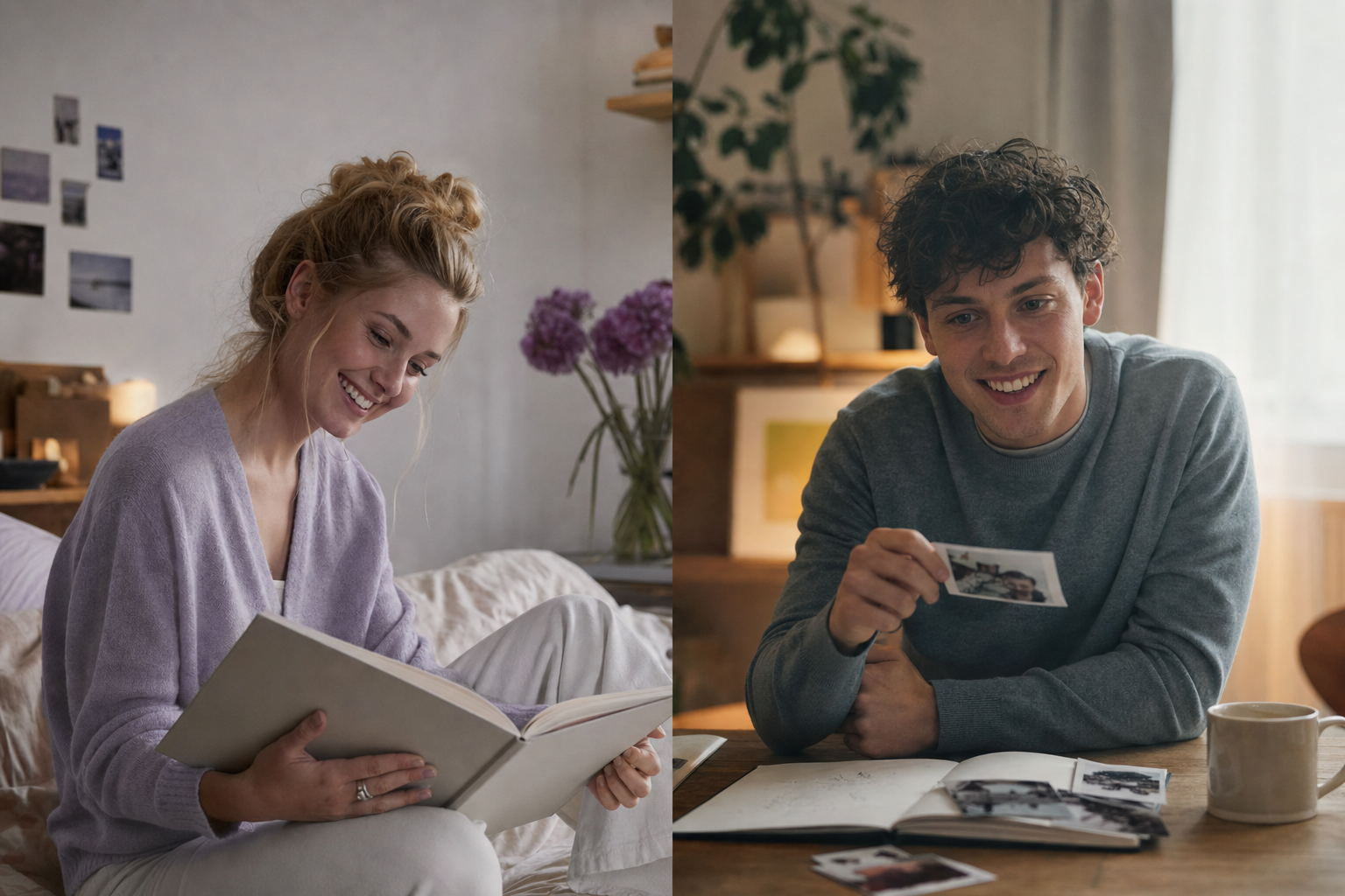 long distance couple adding to a shared memory book ldr together by video call, calm and warm setting