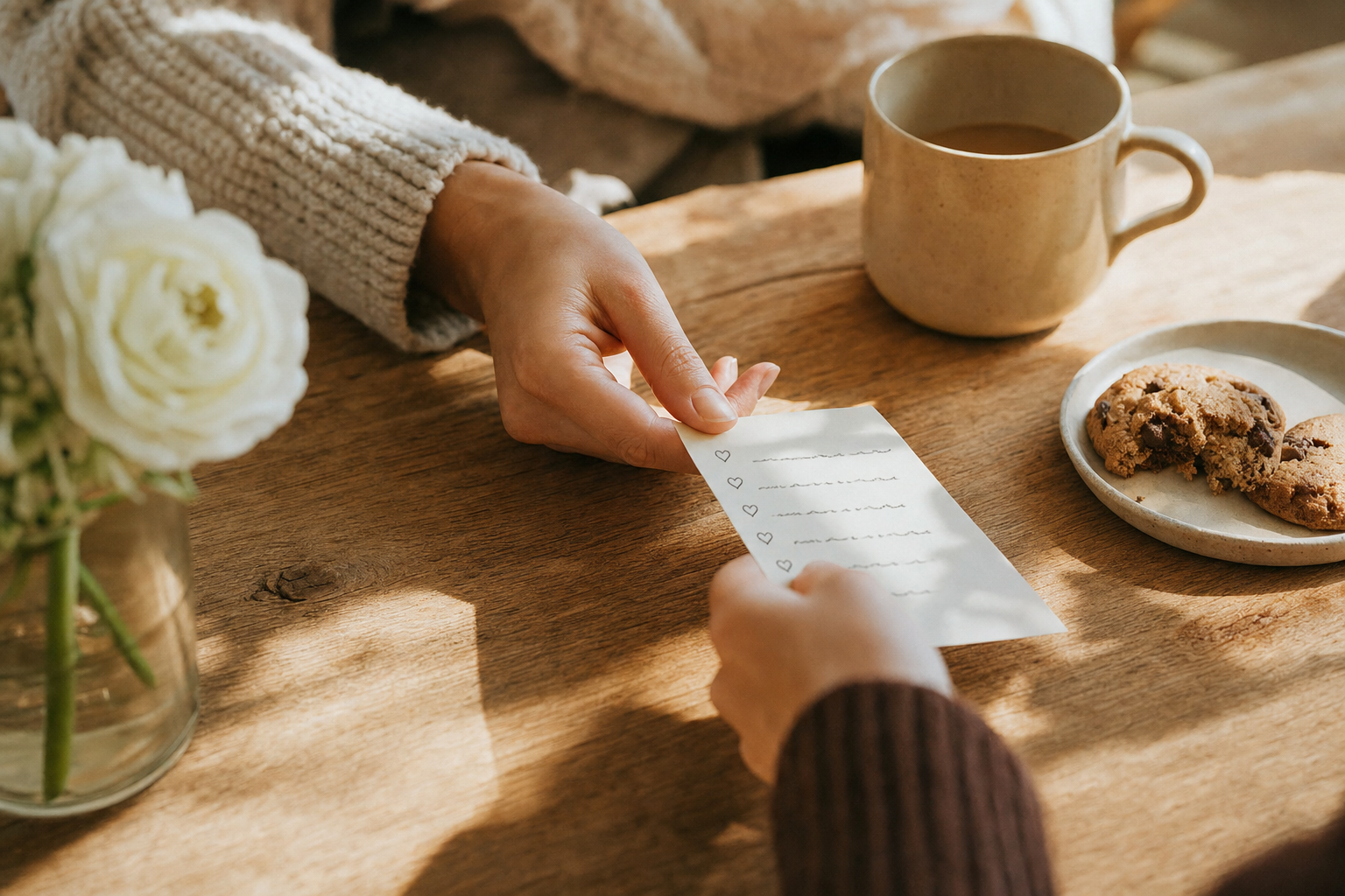 Personalized couple quiz game with hands holding quiz cards and coffee in a natural, cozy setting.