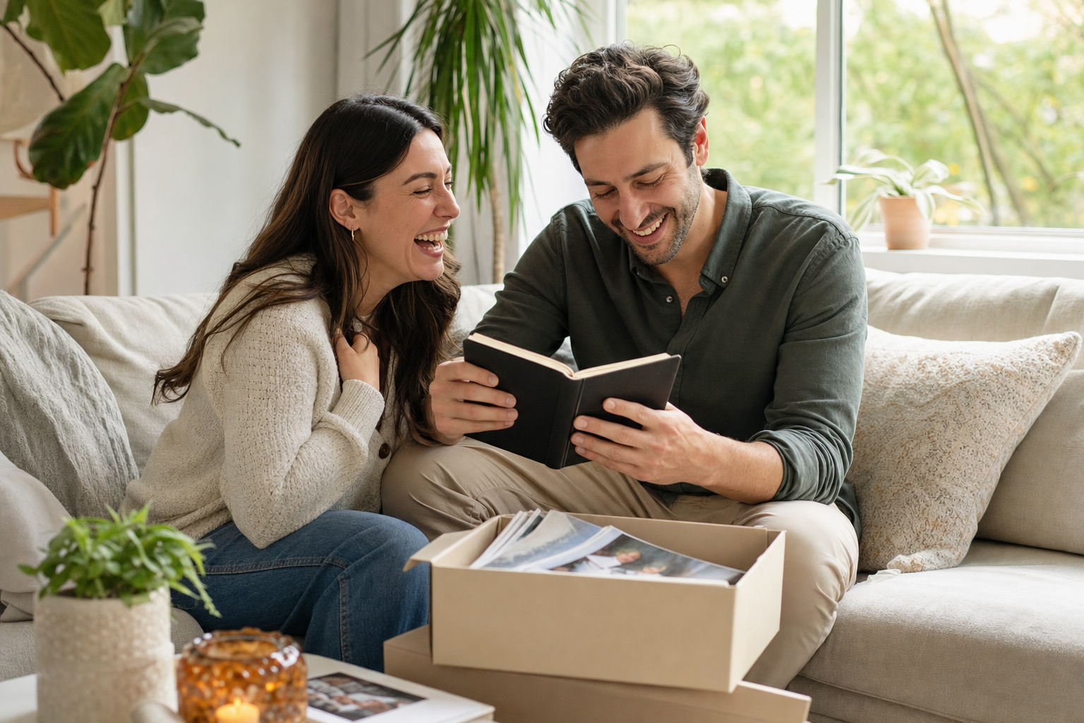 Couple comparing answers from a how well do you know your partner quiz in a cozy living room.