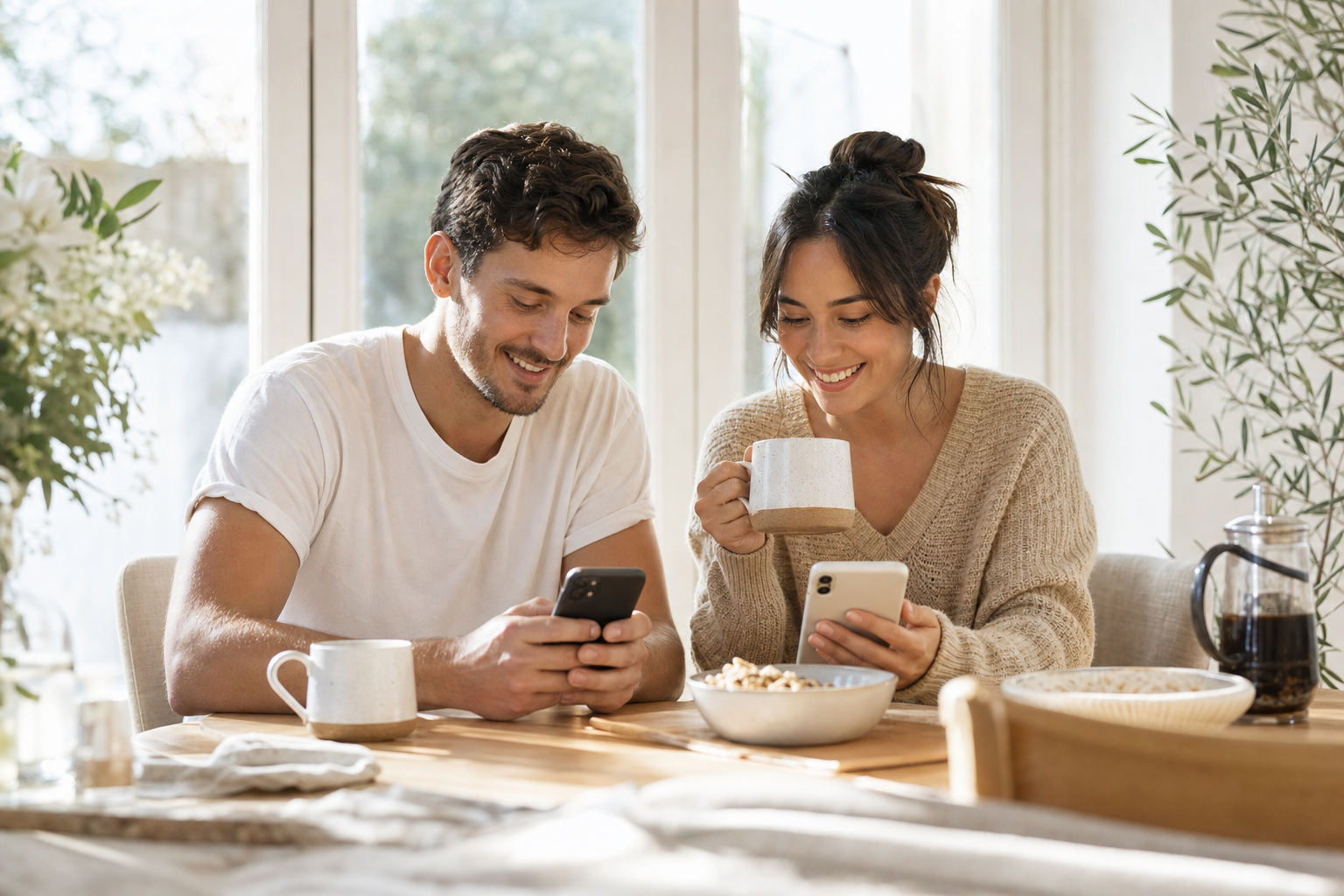 Two partners enjoying fun this or that questions for couples together over morning coffee