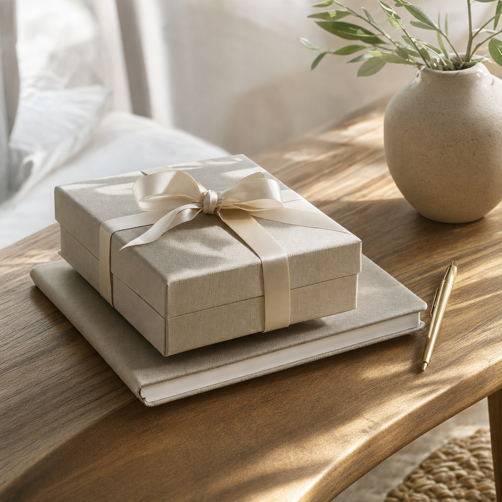 Closed gift box and journal on table, hinting at a love song shared as a personal gift.